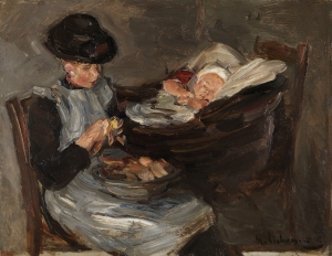 Max Liebermann - Mädchen aus Laren beim Kartoffelschälen mit schlafendem Kindim Korb