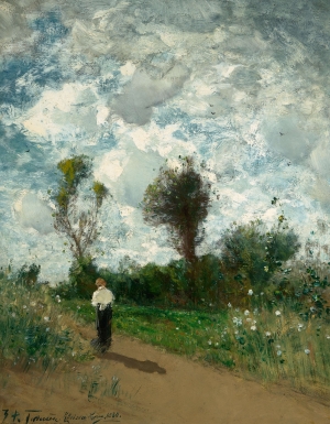Hans Peter Feddersen, Landschaft mit blühenden Büschen und schwarz-weiß gekleideter Frau auf sandigem Weg